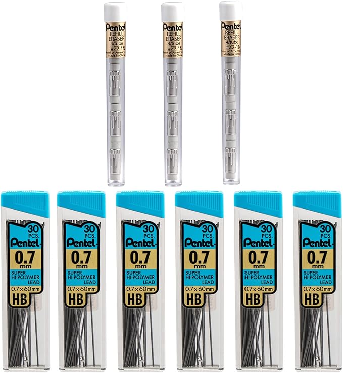 Pentel Super Hi-Polymer HB 7mm Lead Refill Pack - 6 Packs of 30 Leads & 3 Packs of 4 Latex-Free White Erasers - Mechanical Pencil Refills