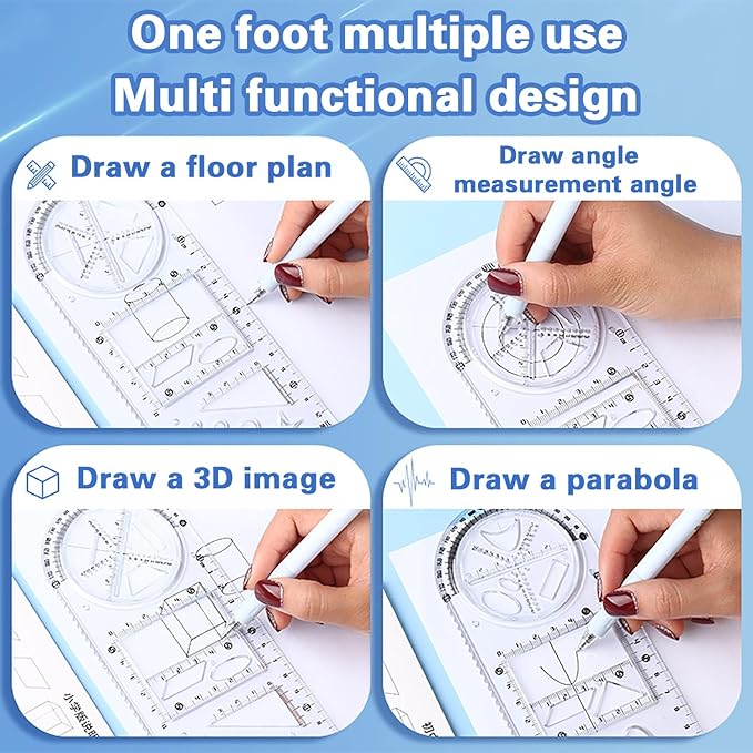 Multifunctional Geometric Ruler 4 Pieces Geometric Ruler Drawing Ruler Template Ruler Measuring Ruler Geometric Drafting Tool for Student Architecture School and Office