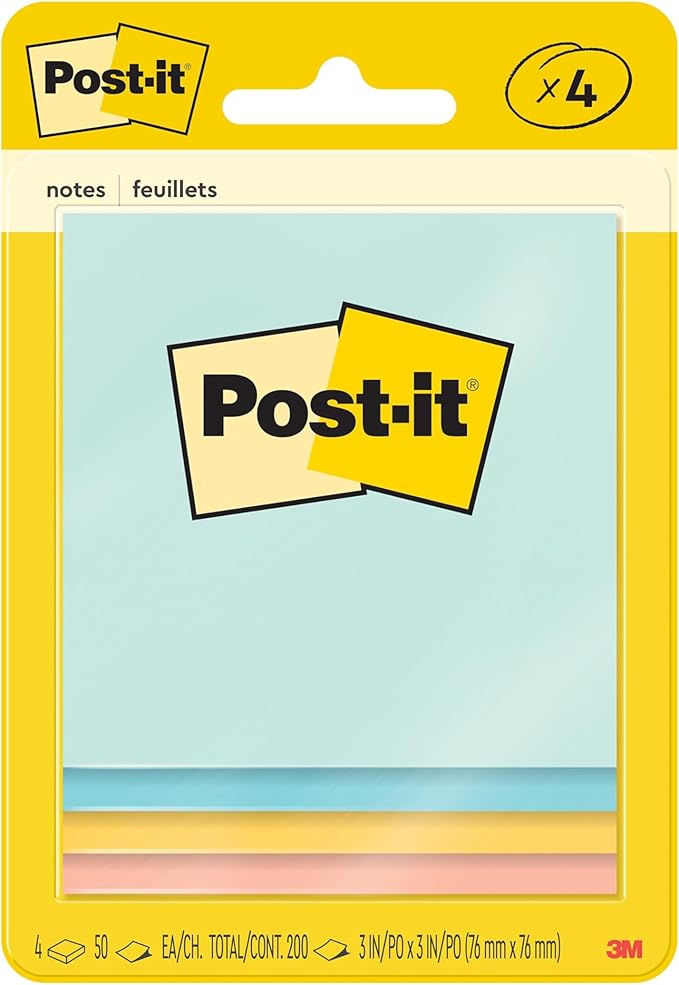 Post-it Notes, 3 in x 3 in, 4 Sticky Note Pads, 50 Sheets per Pad, Beachside Café Collection, New Year Organization or Second Semester School Supplies