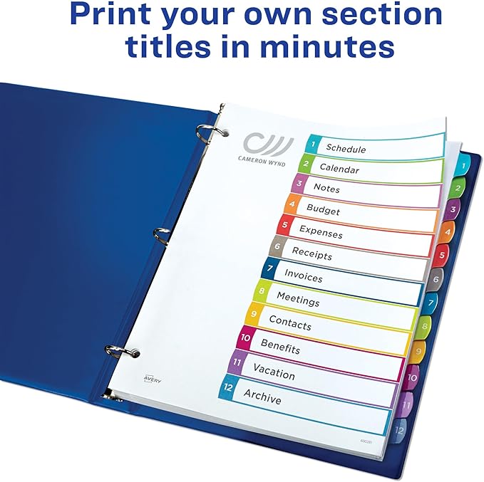 Avery Dividers for 3 Ring Binders, 12 Tabs per Set, Customizable Table of Contents, Multicolor Arched Tabs, Great for Organizing Reports, Projects, and More (11843)