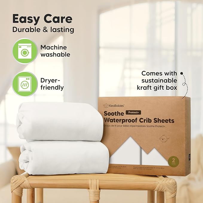 2-Pack Waterproof Crib Sheets for Boys, Girls - 52x28 Fitted Organic Cotton Baby Crib Sheets, Toddler Mattress Protector Cover, Washable, Soft & Durable Baby Bedding Essentials (Soft White)