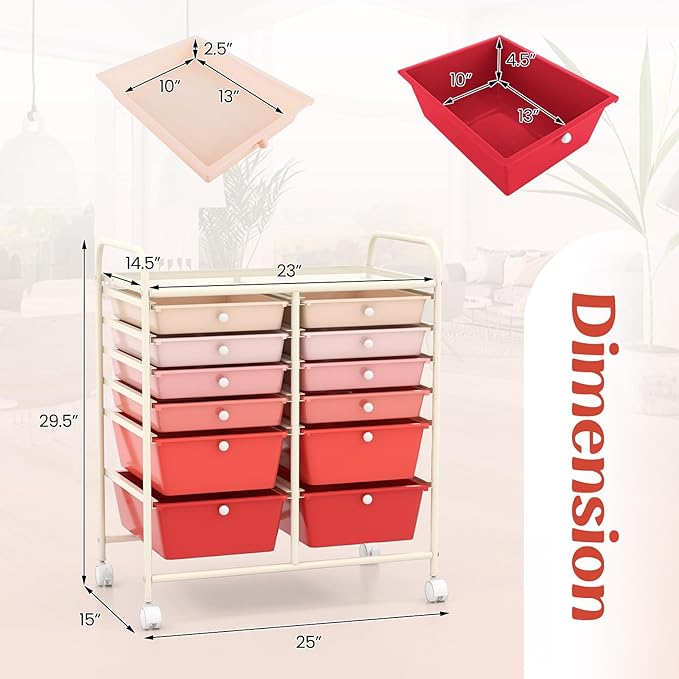 COSTWAY 12-Drawer Rolling Storage Cart, Moveable Art Craft Organizer W/Lockable Wheels, Metal Shelf, Files Arrangement Tools Makeup Storage Cart for Office, Home, School, Mixed Pink