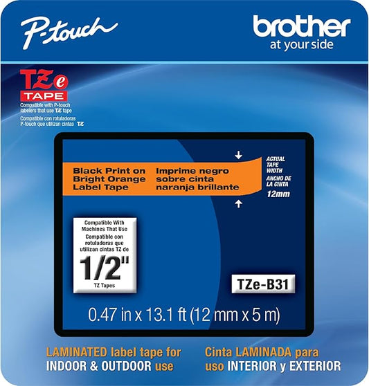 Brother Genuine P-touch, TZe-B31CS, 0.47” x 16.4’, Black on Fluorescent Orange Laminated Label Tape