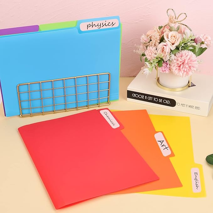 EOOUT 30pcs Colored File Folders, 9'' x 11.6'' Manilla Folders, Plastic File Folders, 3 Tab Poly Folder, 6 Colors with 40pcs Erasable Category Labels, for School and Office Supplies