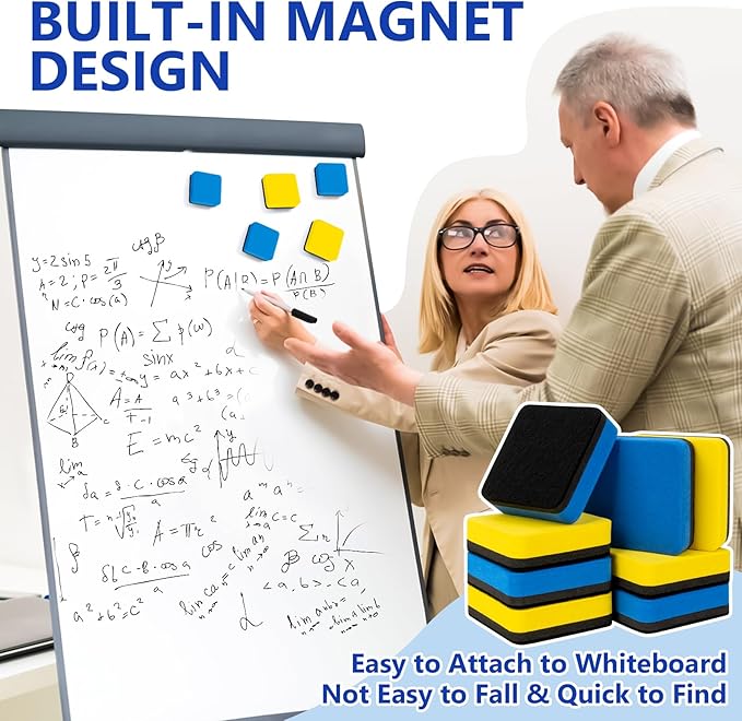 MAQIHAN Mini Dry Erase Erasers - 8Pack Magnetic Whiteboard Eraser for White Board, Chalkboard, Refrigerator, 2x2 Reusable Dry Erase Cleanser for Classroom,Office,Home, Blue & Yellow Teacher Supplies