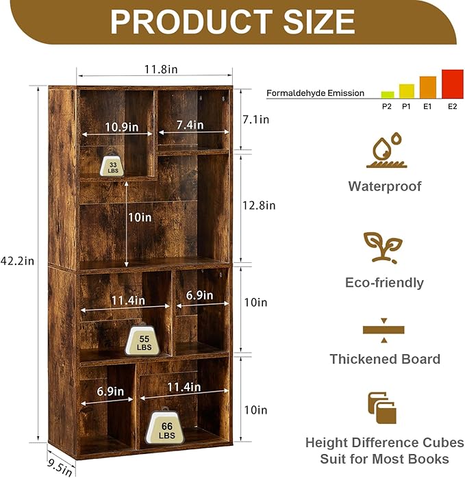 VECELO 42" Modern Bookshelf, 7 Cube Organizer Bookcase,Fits Tallest Hardcovers, Horizontal Available,Floor Standing Display,Easy Assembly,Brown