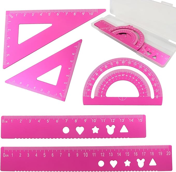 5-Piece Metal Geometry Set, Aluminum Ruler Drafting Kit Protractor & Triangular Rulers Precision for Engineers, Students, Math Measurement Tools(Pink)