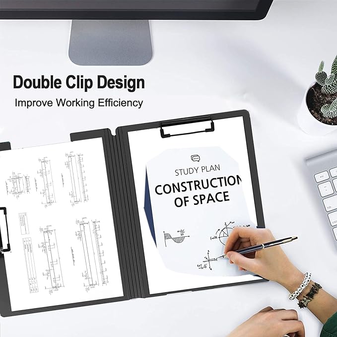2 Pack Foldable Clipboards, A4 Office Clipboard Folder with Double Metal Clips, 360 Degree Foldable Binder Clipboard with Pen Holder, File Cover Work Folder Clipboards, White Blue