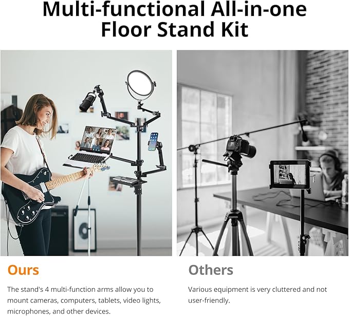 GVM 5-in-1 Movable Live Streaming Floor Stand Kit with Wheels, Overhead Camera Mount with 10" LED Key Light/Mic Boom Arm/Tablet Laptop Phone Stand/Tray for Live Broadcast Podcast Video Recording Game