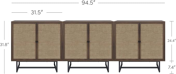 Nathan James Kova Bohemian Rattan Sideboard or TV Stand, Wooden Storage Cabinet with Doors, Walnut Sideboard Buffet or Rattan Accent Storage Cabinet with Matte Black Legs, Set of 3