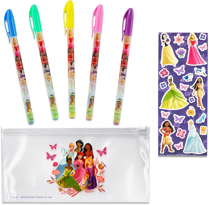 Disney Princess Pencil Case for Girls Princess Pencil Bag Bundle Princess Molded Pencil Case and 5 Princess Gel Pens Plus Stickers, More Princess School Supplies