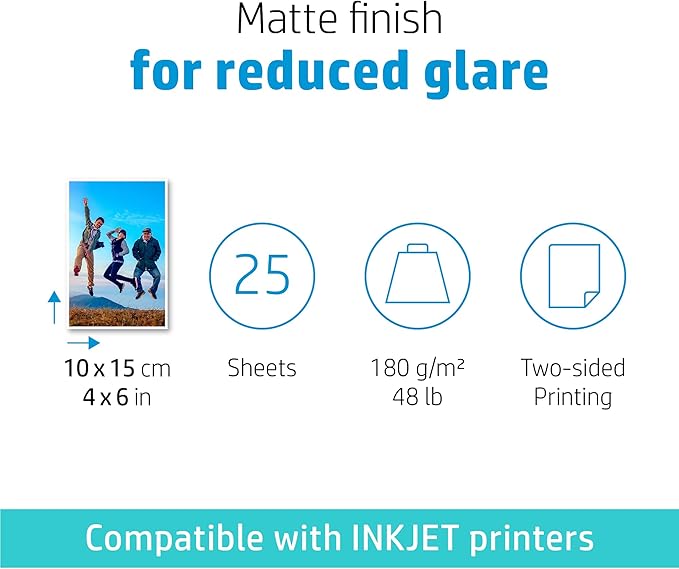 HP Matte Photo Paper, 4x6 in, 25 sheets (6QH46A)