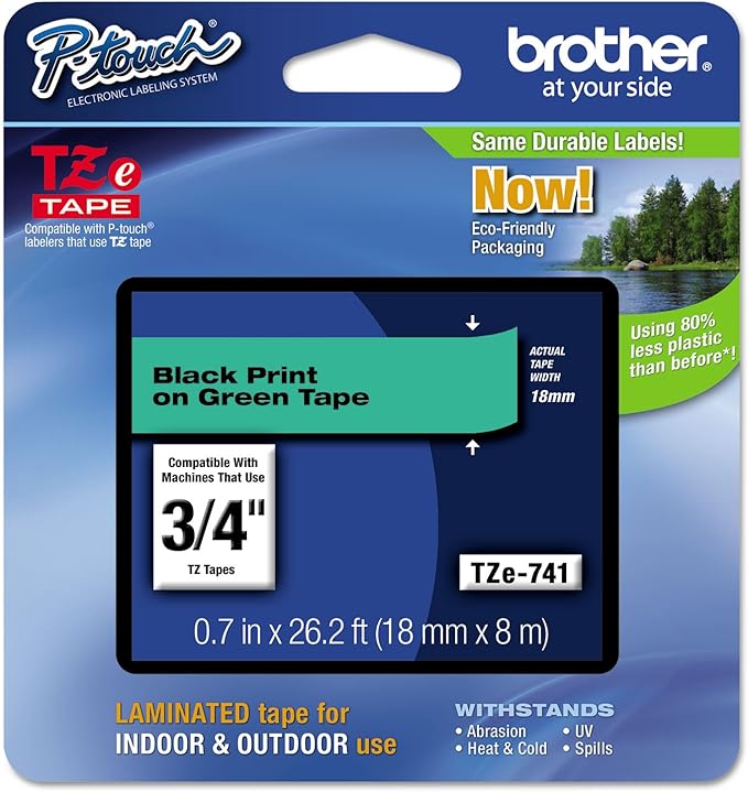 Brother Laminated Tape Black on Green, 18mm (TZe741)