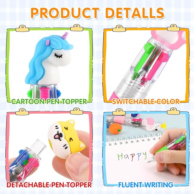 arscniek 60Pcs Multicolor Pen in One, 4-in-1 0.5mm Fine Point Cute Pens, Fun Kawaii Ballpoint Pen for Children's Party Favors, Classroom Prizes, Teacher School Supplies, Bulk Gifts for Students