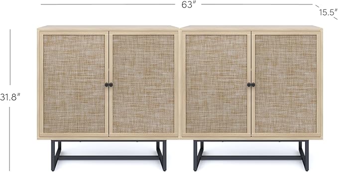 Nathan James Kova Rattan Wood Accent Sideboard Storage Cabinet TV Stand with Matte Metal Frame, Adjustable Shelves and Cane Doors, for Hallway, or Living Room, Light Oak/Cane/Black, Set of 2