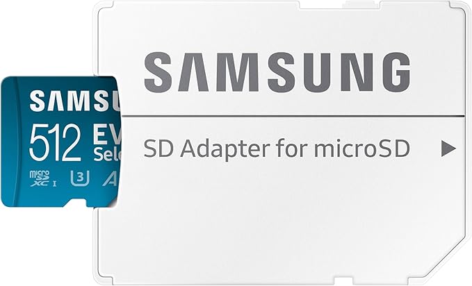 Samsung EVO Select microSDMemory Card + Adapter, 512GB microSDXC, Up-to 160 MB/s, 4K UHD, UHS-I, C10, U3, V30, A2, for Mobile Phone, Smartphones, Nintendo-Switch, and Tablets (MB-ME512SA/AM)