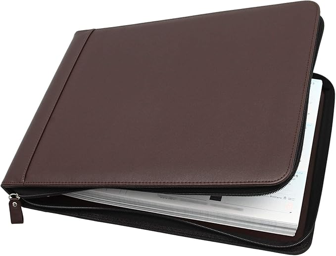2Fold Zippered Business Checkbook Binder - 7 Ring Binder for Business Checks with Built-in Organizer and Card Case - PU Leather Portfolio for up to 600 3-Up Checks (Dark Brown)