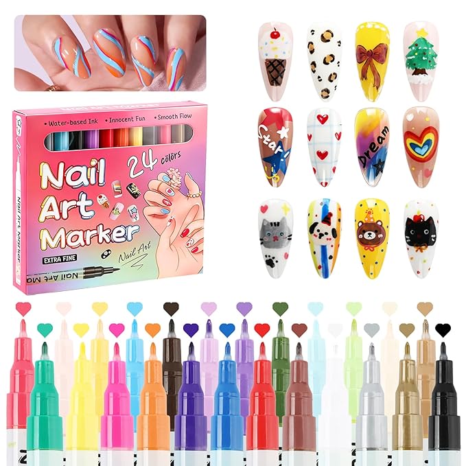 24 Colors Nail Art Pens Set，0.5 MM Nail Polish Pens Set Drawing Painting Point Liner Acrylic Painted Pen Graffiti Nail Dotting Pen Liner Brush for DIY Nail Art Beauty Adorn Manicure Tools
