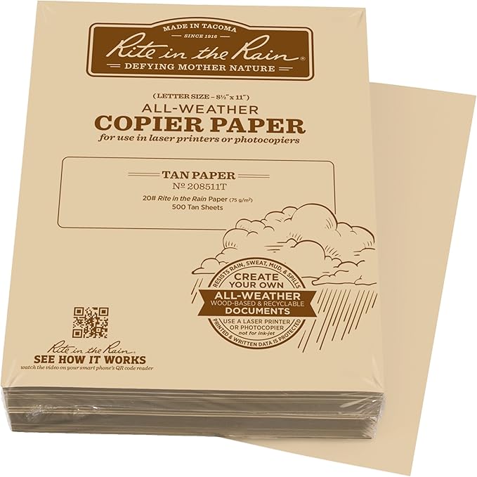 Rite In The Rain Weatherproof Bulk Copier Paper, 8.5" x 11", 20# Tan, 500 Sheet Pack (No. 208511T)
