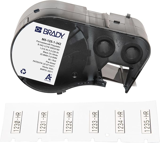 Brady Authentic (M5-125-1-342) PermaSleeve® Heat-Shrink Labels Polyolefin 0.235" H x 1" W Black on White 0.125" Dia, Cartridge of 80 Labels. for use with The BMP51 and M511 Label Printers