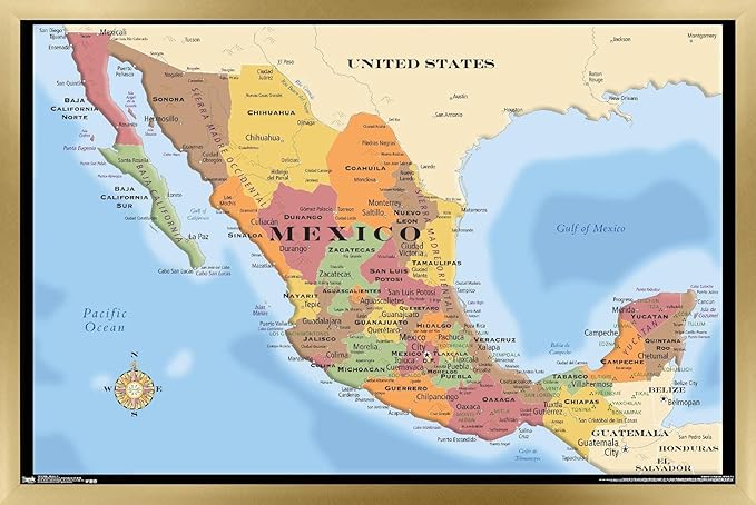 Trends International Map - Mexico Wall Poster, 22.375" x 34", Gold Framed Version