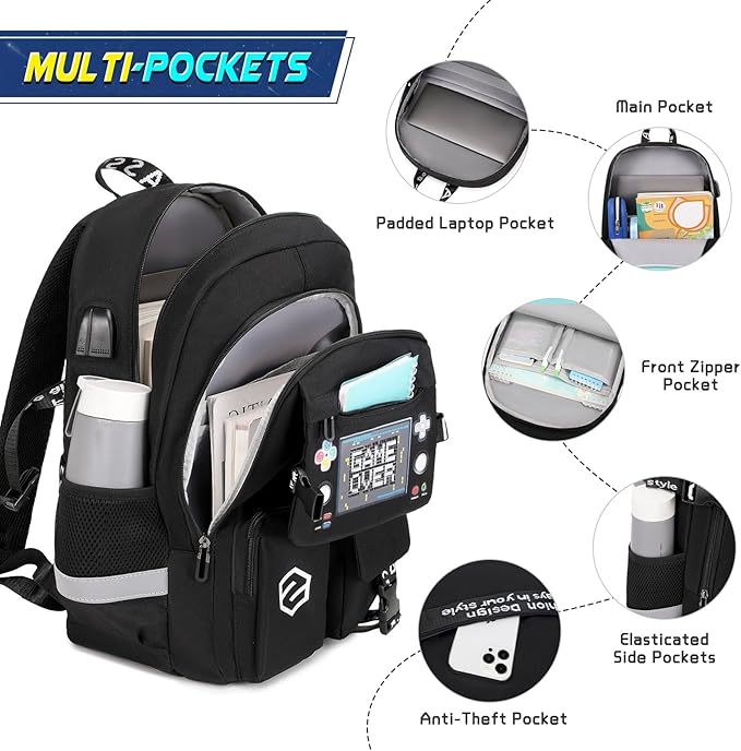 Boys Backpack, Cool Luminous Gamer School Backpacks for Boys with Kids Bento Lunch Box Lunch Bag Pencil Case, Kids Backpack Book Bags for Kindergarten Elementary Middle School