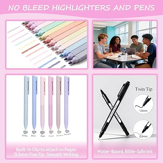 Bible Study Supplies Kit 43 Pcs for Women & Men – Bible Journaling Set with No Bleed Highlighters, Pens, Bible Tabs, Bookmarks, Cross Paper Clips & Transparent Sticky Notes