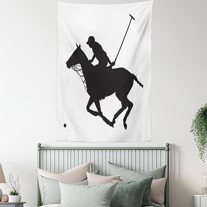 Ambesonne Sports Tapestry Twin Size, Silhouette Illustration of Polo Player on a Horse Hitting a Ball Print, Wall Hanging Bedspread Bed Cover Wall Decor, Twin Size, Charcoal Grey