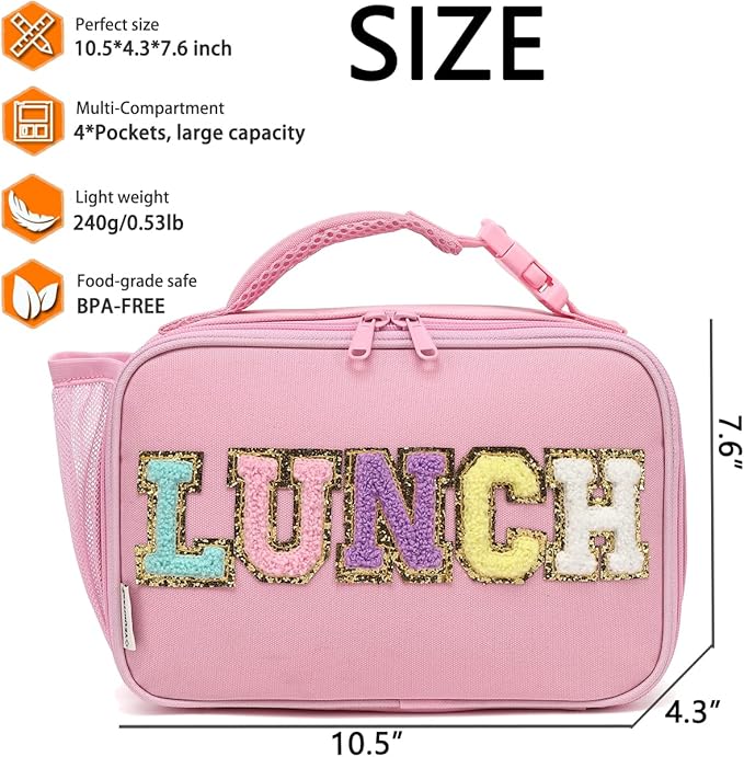 Insulated Lunch Box for School, Thermal Reusable Durable Freezable Lunch Bags for Kids Boys Girls Men Women - Small Soft Cooler Portable Lunch Tote Kit for Work Picnic Travel,Pink Alphabet