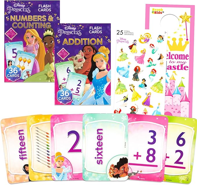 Disney Princess Flash Cards Set Toddler Kids - Bundle with 72 Math Flashcards Featuring Numbers for Pre-K Boys, Girls Plus Stickers, More | Disney Princess Learning Toys