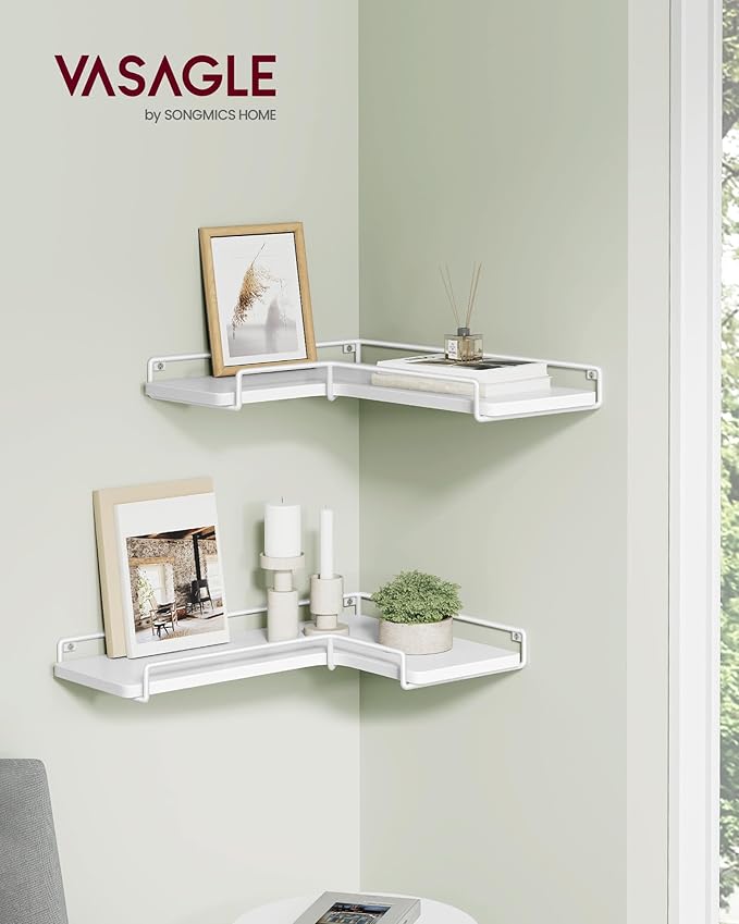 VASAGLE Corner Shelf Wall Mount Set of 2, Corner Floating Shelves, Small Corner Wall Shelf for Decor Storage, for Living Room Bedroom Kitchen Bathroom, Cloud White ULLS831W14