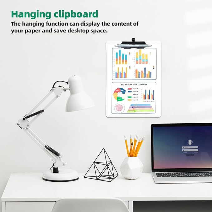 Clipboard with Pen Holder, Plastic Clipboard with Low Profile Metal Clip, Hanging Clip Boards Holds 8.5x11 Inch Papers, Standard A4 Letter Size Clip Boards for Offices & School, White