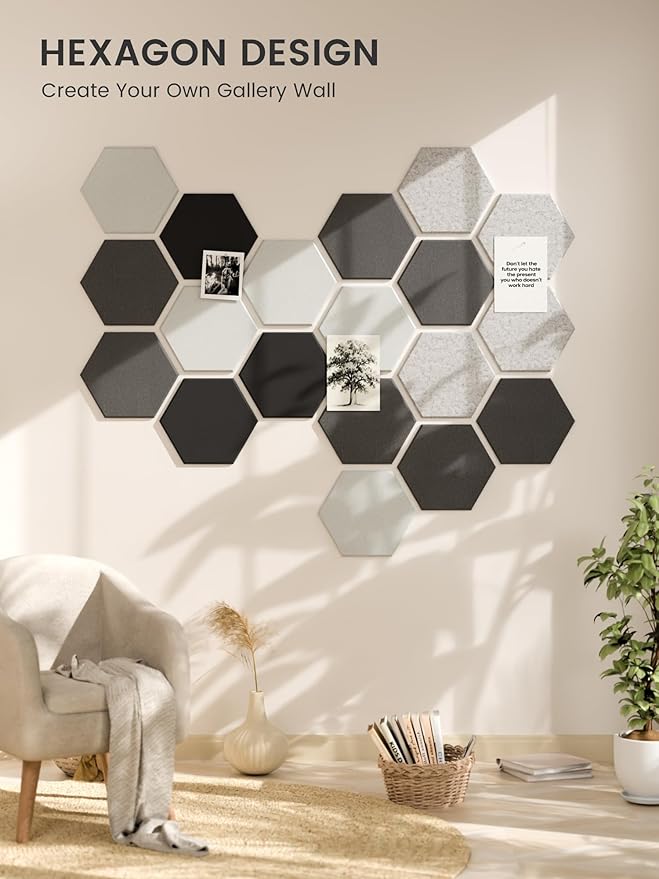Fluxynara Hexagon Cork Board Alternative for Walls Decor-8-Pack Felt Bulletin Board Tiles,with 30 Pushpins,50 Adhesive Tabs for Office,Classrooms & Home Pin Board Felt Board-Concrete Echo