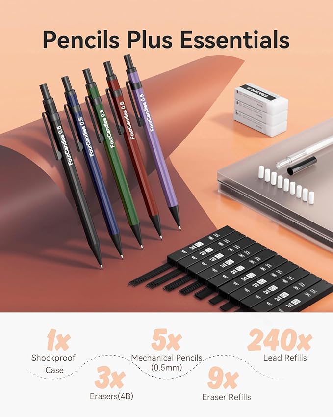 Four Candies Metal Mechanical Pencils 0.5, with #2 Pencil Leads 0.5mm, Eraser Set and Eraser Refills, 19-Count Pack with Case, Back to School Supplies for Writing, Drafting, Drawing