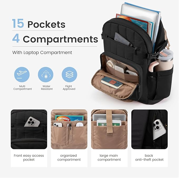 LOVEVOOK Laptop Backpack for Women with Giant Tumbler Holder Pocket,15.6 Inch Puffer Travel College Work Backpack Purse for Teacher Nurse,Waterproof Laptop Bag Computer Back Pack Casual Daypack,Black