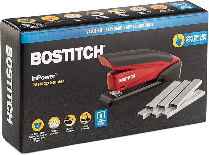 Bostitch Stapler - InPower, One Touch Heavy Duty Red Office Stapler with Built-in Staple Remover, 20 Sheet Capacity, 1260 Staples Included