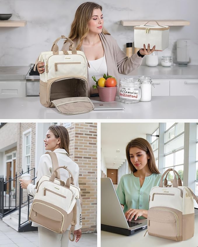 LOVEVOOK Lunch Backpack for Women, 17 Inch Laptop Bag with Insulated Cooler Lunch Box, Work Backpack for Teacher Nurse, Travel Backpack Lunch Bag for Camping Picnic Daily Use