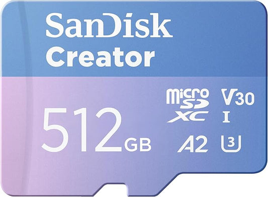 SanDisk 512GB Creator microSD UHS-I Card with SD Adapter - for Cameras and Drones, 4K, 5.3K, A2, V30, U3, 3 Months of Adobe Lightroom Included - SDSQXAV-512G-GN6MS