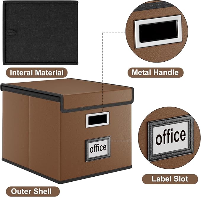 Huolewa Portable Leather File Organizer Boxes with Lids, Office Document Boxes Organizer, Filing Boxes, Decorative Small File Boxes for Hanging Files with Plastic Slide for Office/Decor/Home