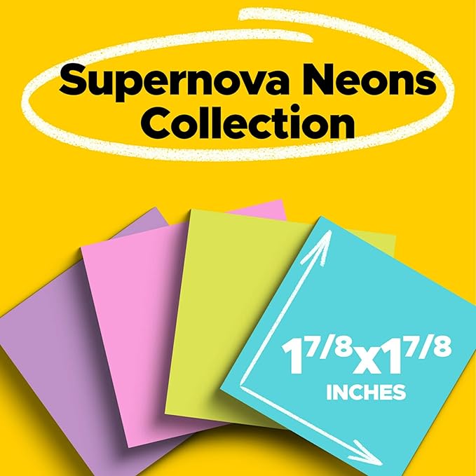 Post-it Super Sticky Notes, 8 Sticky Note Pads, 1.875 x 1.875 in., Ideal for Organization in Your Dorm, Home or Office, 2X The Sticking Power, Supernova Neons Collection