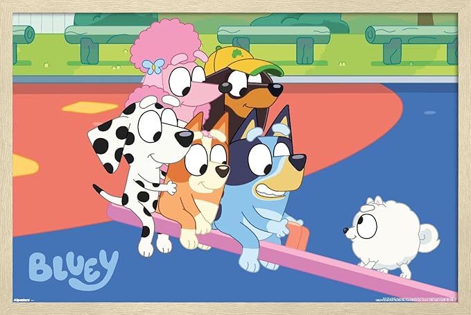 Bluey (2018) - Bluey and Friends See Saw Fun Wall Poster, 34L" x 22.4W", Blonde Framed Version