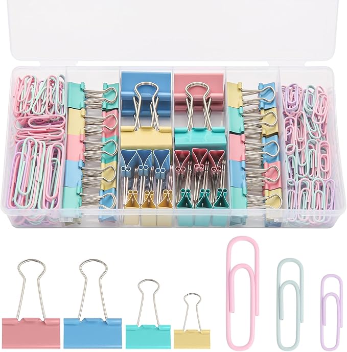 240PCS Colored Assorted Size Paper Clips and Binder Clips, Paperclips Large Medium Small, Binder Clip and Paper Clip Set for Home, School, and Office Supplies in a Container with Compartments