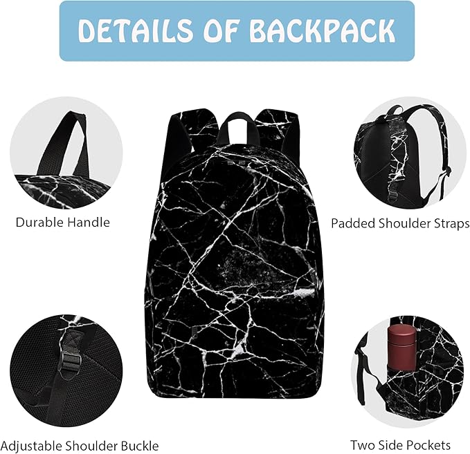 3PCS Marble Backpack Set for Teens Elementary Middle High School, 17 Inch Lightweight Classic Backpack 3 in 1 Set for Girls Boys, Kids Back to School Backpack with Lunch Box Pencil Case