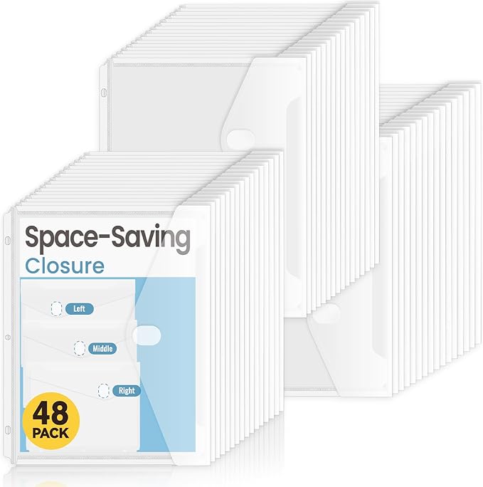 Sooez 48 Pack Binder Folders with Space-Saving Closure, Super Heavyweight Binder Pockets for 3 Ring Binder, High Capacity Clear Binder Pouch, Side Loading, 3 Ring Folders with Pockets, Letter Size