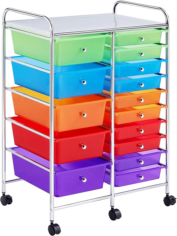 Yaheetech 15 Drawers Rolling Storage Cart Multipurpose Mobile Rolling Utility Storage Organizer Cart Tools Scrapbook Paper Organizer on Wheels, Multicolor