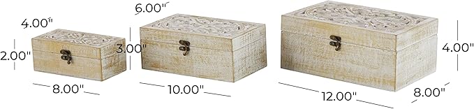 Deco 79 Mango Wood Floral Handmade Decorative Box Decorative Keepsake Boxes with Hinged Lid, Set of 3 Storage Boxes 8", 10", 12"W, White