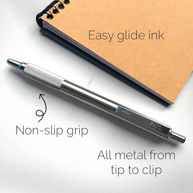 Zebra Pen F-701 Ballpoint Black Ink Fine Point 0.8mm Pen, Heavy Duty, Durable Stainless Steel Barrel, Knurled Grip, Silent Retractable Plunger, Ideal for Tactical Use, 3-Pack Plus 2 Refills (29412)