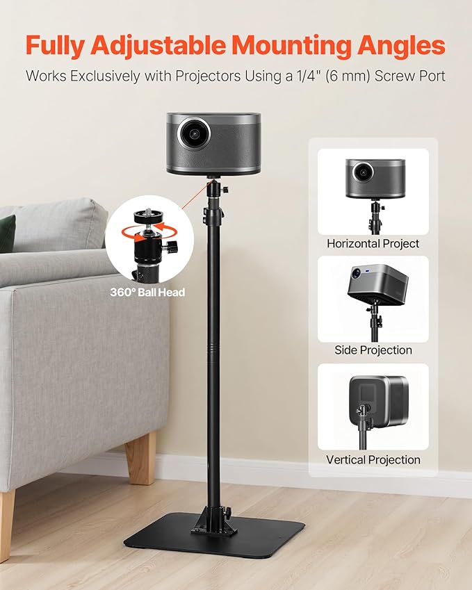 VEVOR Projector Stand with Adjustable Height 30.3 to 63.4 inch, 360° Horizontal Rotation Projectors Cart for Meetings, Outdoor Movies, Video Stand, Gimbal Mount or Tray Support