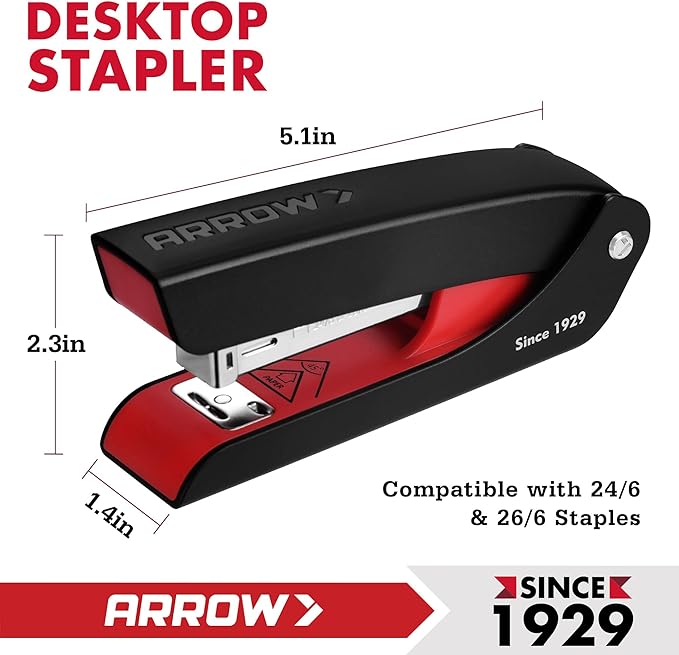 Arrow Office Stapler Set, 25 Sheet Capacity Metal Desk Stapler with 2100 Staples and Staple Remover, Half Strip Design and Non-Slip Base, Spare Staple Storage for Classroom, Office and Home