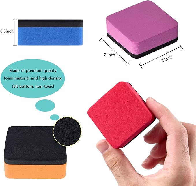 Dry Erase Erasers, AWOWZ 48 Pack Mini Magnetic Whiteboard Dry Eraser Chalkboard Cleaner Bulk for Home, Office and Classroom Teacher Kids Supplies (8 Color, 2 x 2 x 0.79 Inch)